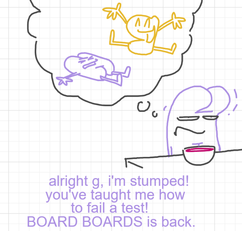 A panel from I've Been Everywhere, Man, episode nine of the Board Boards object show by Furretwalk/WalkingFurret.